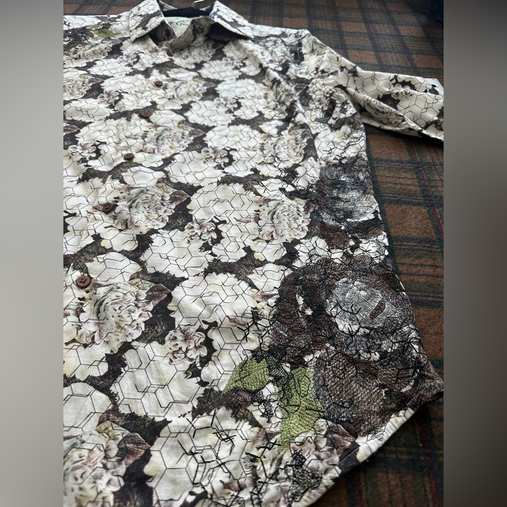 Robert Graham Button Down White Floral embroidered French Cuff large black green - Picture 12 of 13